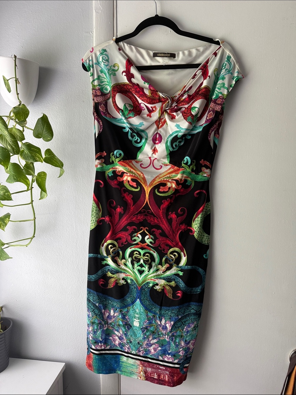 Roberto Cavalli Multicolor Baroque Print Midi Dress - Black, White & Teal